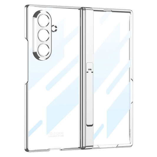 GKK For Samsung Galaxy Z Fold7 5G Crystal Clear Case Magnetic Hinge Protection PC Tempered Glass Kickstand Phone Cover - Silver