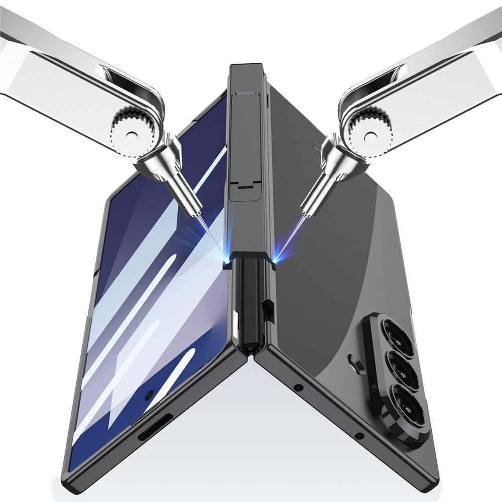 GKK For Samsung Galaxy Z Fold7 5G Crystal Clear Case Magnetic Hinge Protection PC Tempered Glass Kickstand Phone Cover - Black