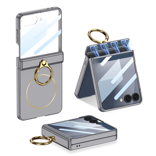 GKK For Samsung Galaxy Z Flip7 5G Magnetic Case with Ring Holder PC Tempered Glass Film Phone Cover - Grey