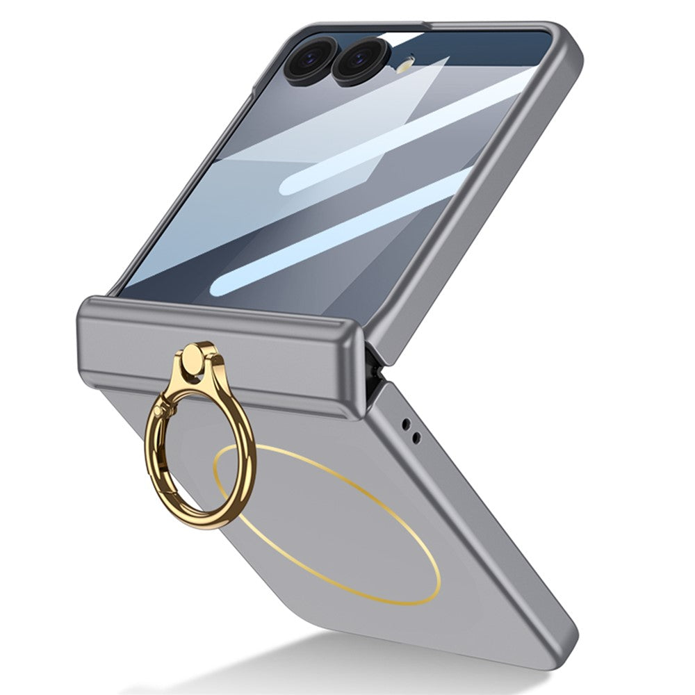 GKK For Samsung Galaxy Z Flip7 5G Magnetic Case with Ring Holder PC Tempered Glass Film Phone Cover - Grey