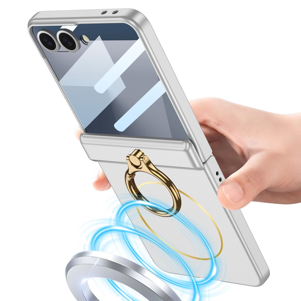 GKK For Samsung Galaxy Z Flip7 5G Magnetic Case with Ring Holder PC Tempered Glass Film Phone Cover - Black