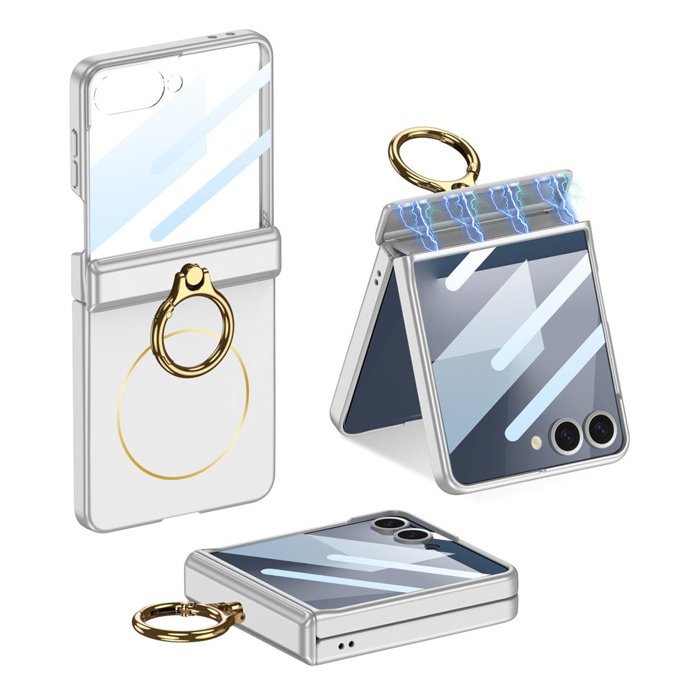 GKK For Samsung Galaxy Z Flip7 5G Magnetic Case with Ring Holder PC Tempered Glass Film Phone Cover - Silver