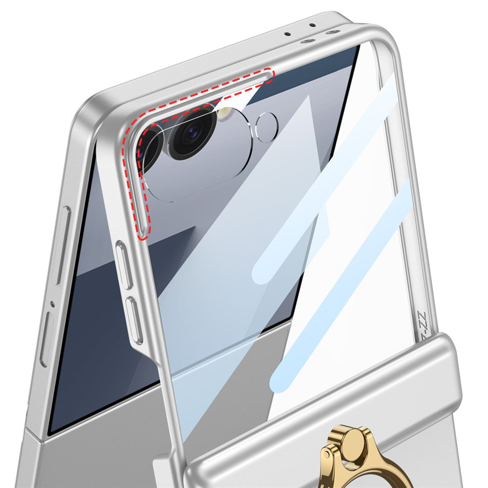 GKK For Samsung Galaxy Z Flip7 5G Magnetic Case with Ring Holder PC Tempered Glass Film Phone Cover - Silver