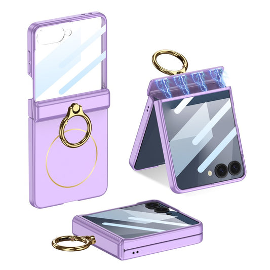 GKK For Samsung Galaxy Z Flip7 5G Magnetic Case with Ring Holder PC Tempered Glass Film Phone Cover - Purple