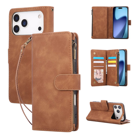 For iPhone 17 Pro Max Case Zipper Wallet Multiple Card Slots Leather Phone Cover with Wrist Strap - Brown