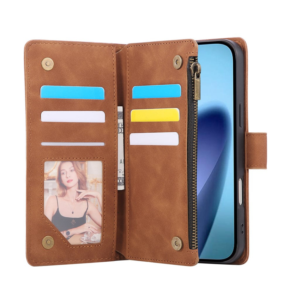 For iPhone 17 Pro Max Case Zipper Wallet Multiple Card Slots Leather Phone Cover with Wrist Strap - Brown