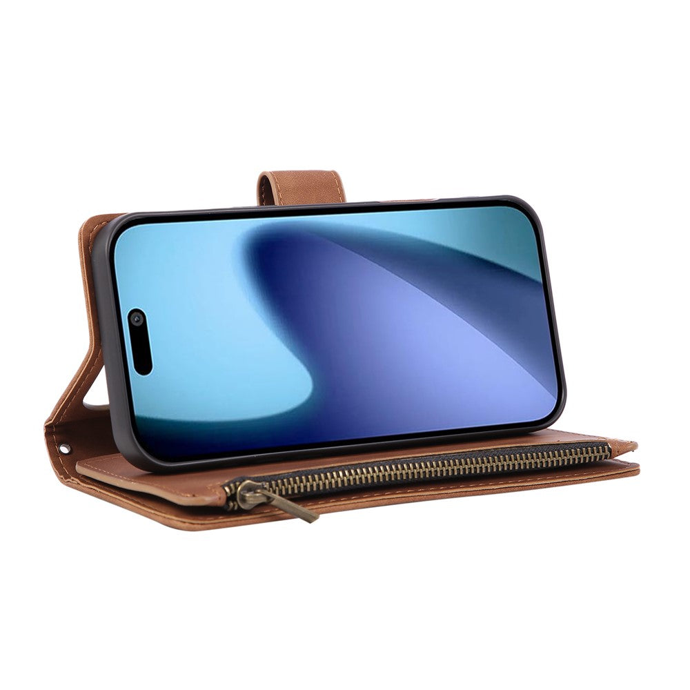 For iPhone 17 Pro Max Case Zipper Wallet Multiple Card Slots Leather Phone Cover with Wrist Strap - Brown