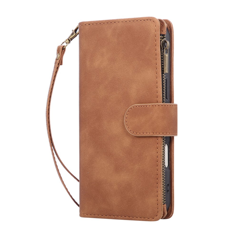 For iPhone 17 Pro Max Case Zipper Wallet Multiple Card Slots Leather Phone Cover with Wrist Strap - Brown