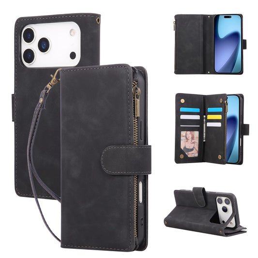 For iPhone 17 Pro Max Case Zipper Wallet Multiple Card Slots Leather Phone Cover with Wrist Strap - Black