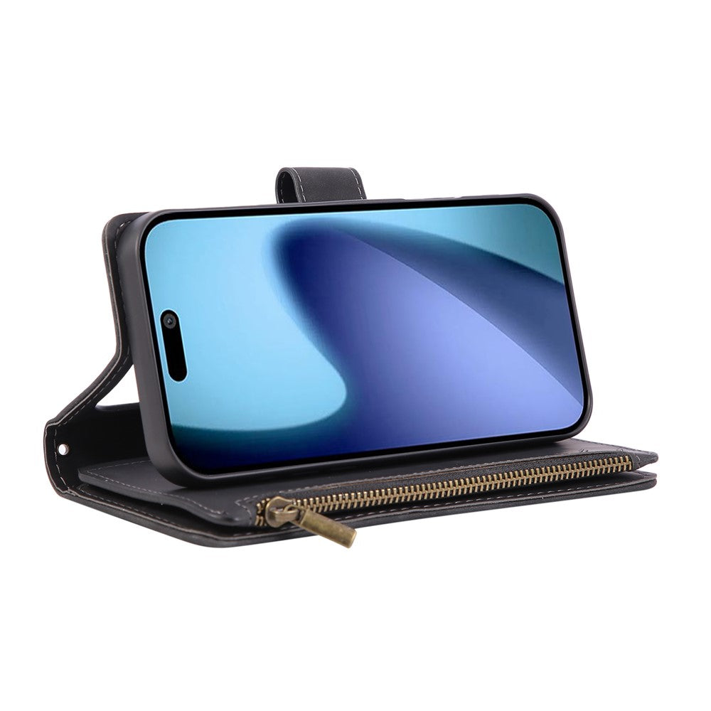 For iPhone 17 Pro Max Case Zipper Wallet Multiple Card Slots Leather Phone Cover with Wrist Strap - Black