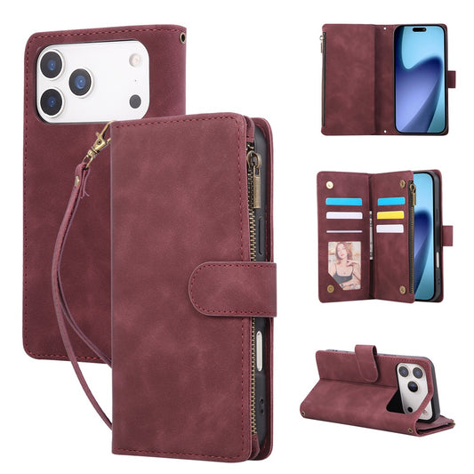 For iPhone 17 Pro Max Case Zipper Wallet Multiple Card Slots Leather Phone Cover with Wrist Strap - Wine Red