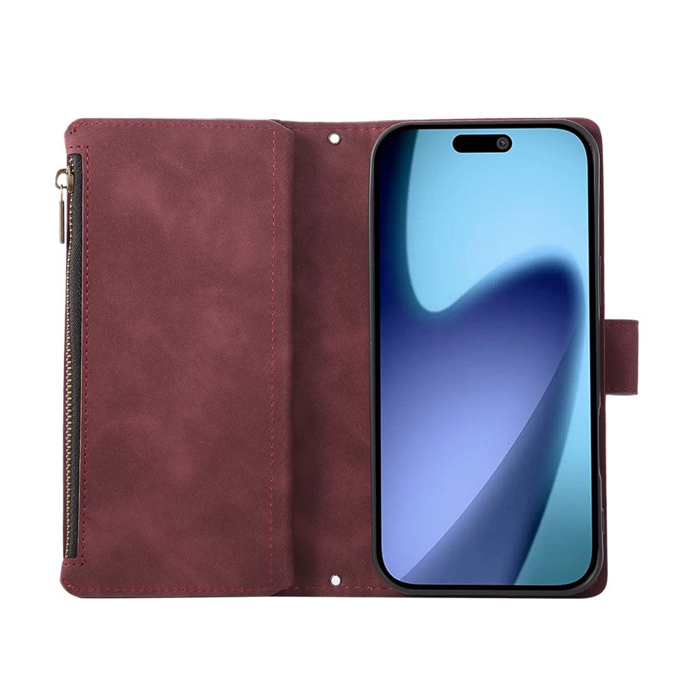 For iPhone 17 Pro Max Case Zipper Wallet Multiple Card Slots Leather Phone Cover with Wrist Strap - Wine Red