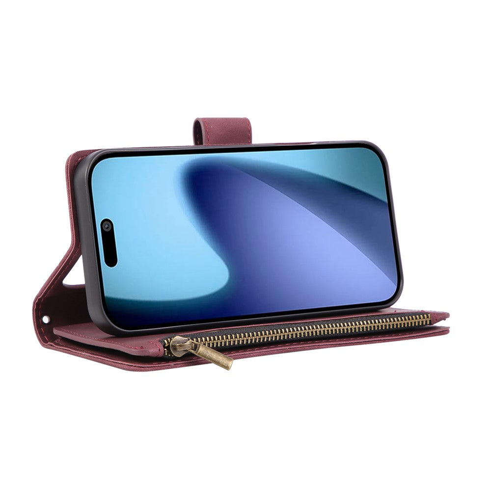 For iPhone 17 Pro Max Case Zipper Wallet Multiple Card Slots Leather Phone Cover with Wrist Strap - Wine Red