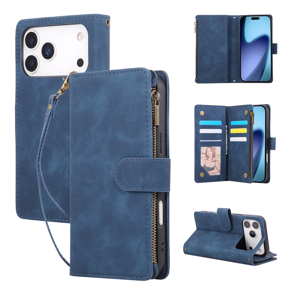 For iPhone 17 Pro Max Case Zipper Wallet Multiple Card Slots Leather Phone Cover with Wrist Strap - Blue