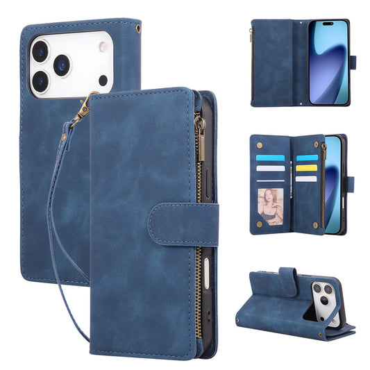For iPhone 17 Pro Max Case Zipper Wallet Multiple Card Slots Leather Phone Cover with Wrist Strap - Blue