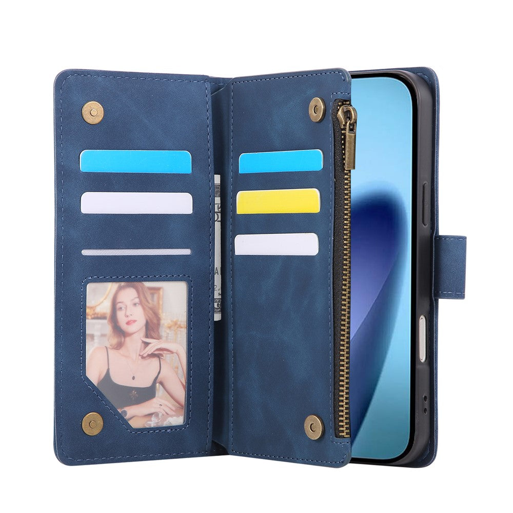 For iPhone 17 Pro Max Case Zipper Wallet Multiple Card Slots Leather Phone Cover with Wrist Strap - Blue