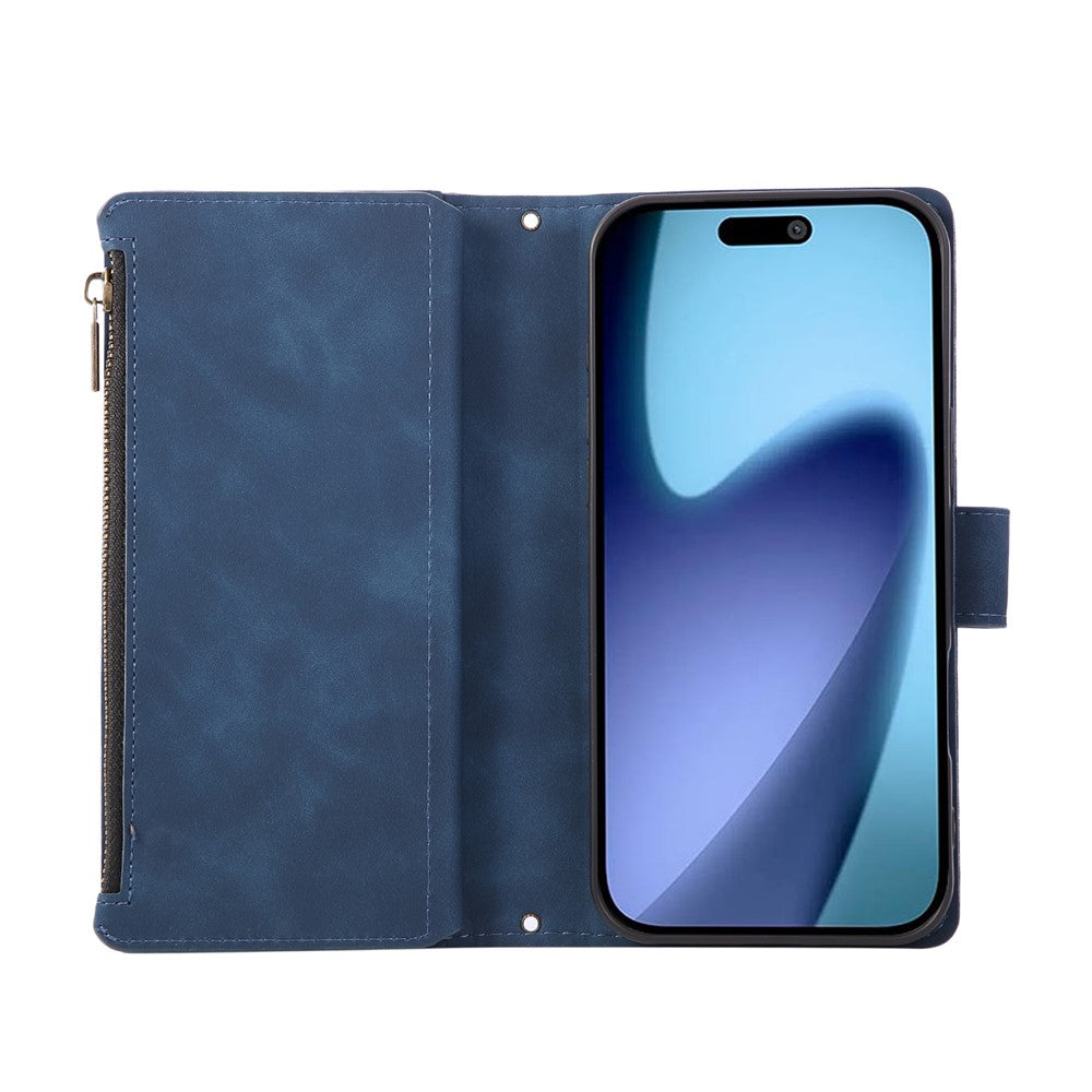 For iPhone 17 Pro Max Case Zipper Wallet Multiple Card Slots Leather Phone Cover with Wrist Strap - Blue