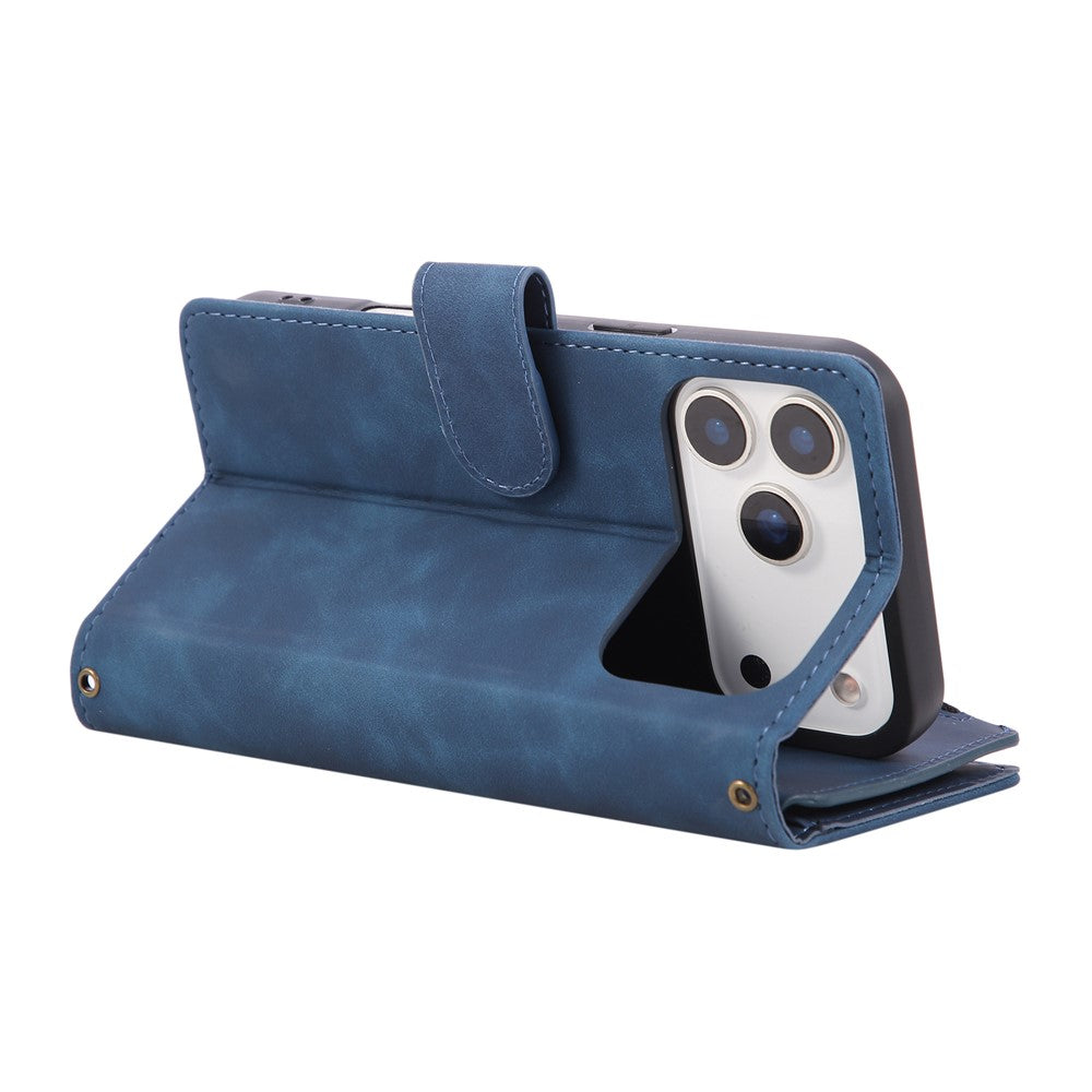 For iPhone 17 Pro Max Case Zipper Wallet Multiple Card Slots Leather Phone Cover with Wrist Strap - Blue