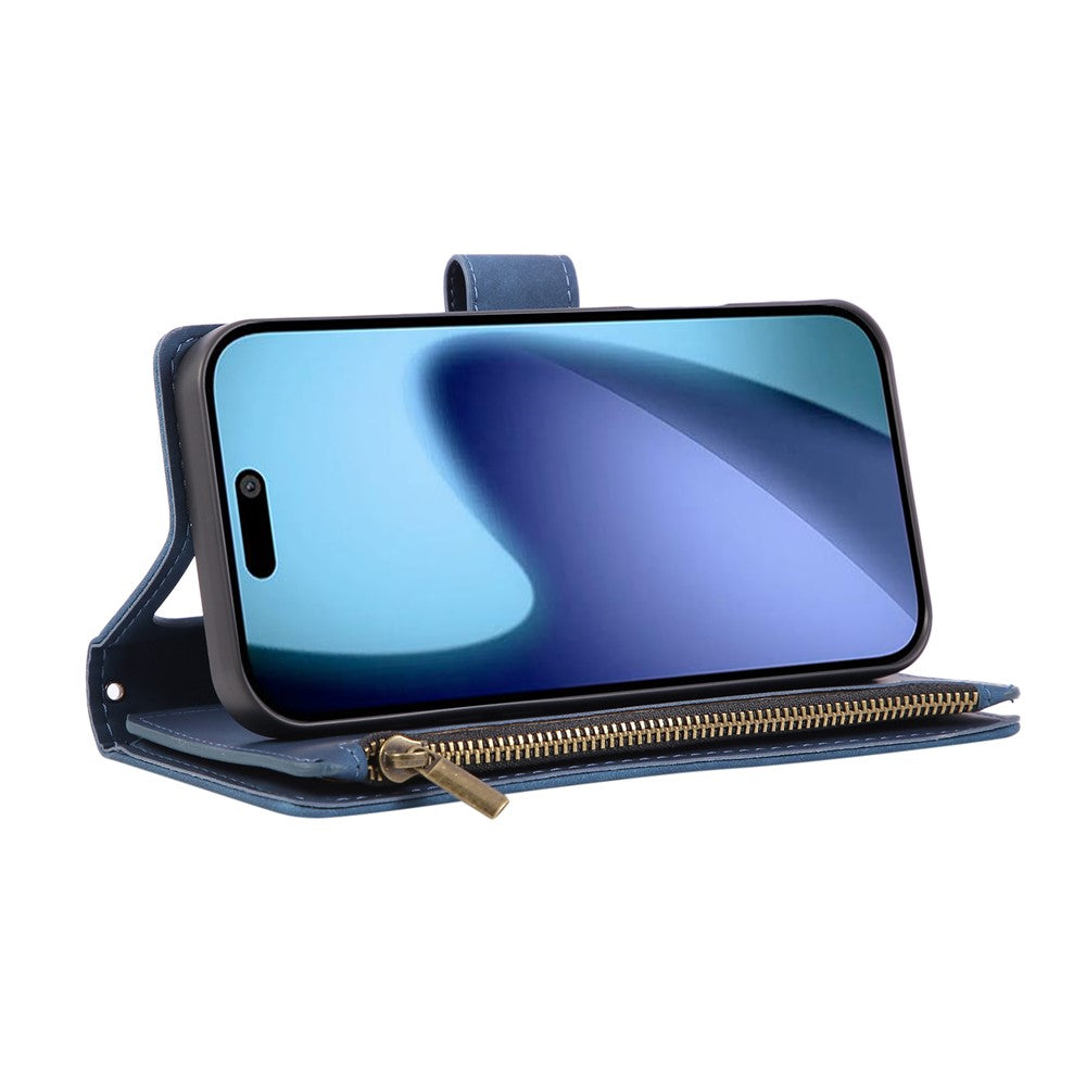 For iPhone 17 Pro Max Case Zipper Wallet Multiple Card Slots Leather Phone Cover with Wrist Strap - Blue