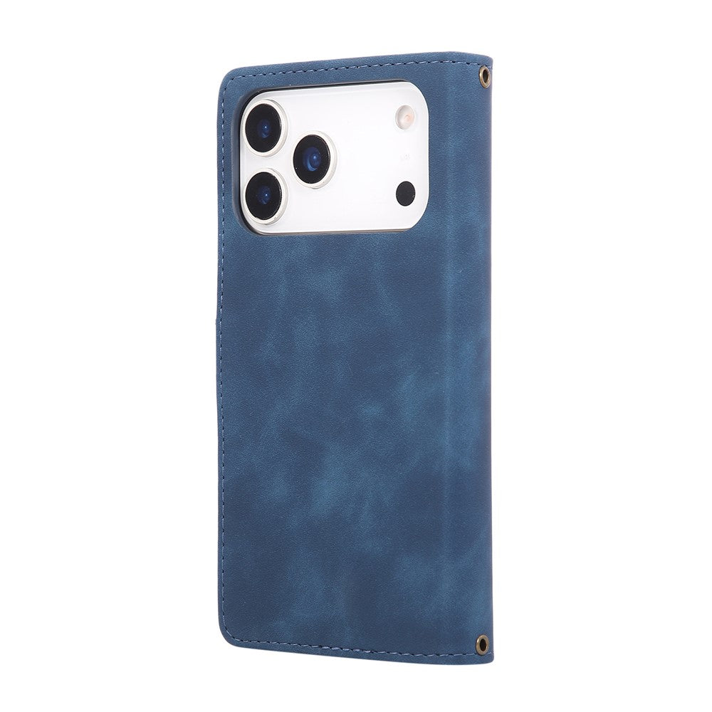 For iPhone 17 Pro Max Case Zipper Wallet Multiple Card Slots Leather Phone Cover with Wrist Strap - Blue