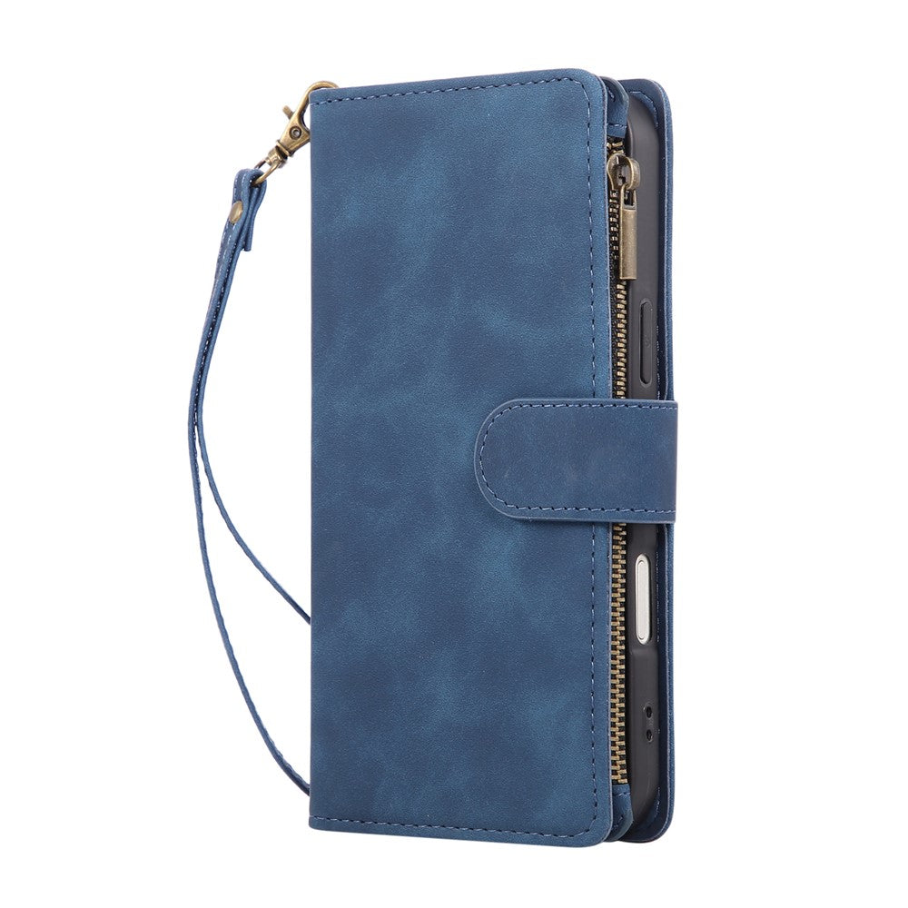 For iPhone 17 Pro Max Case Zipper Wallet Multiple Card Slots Leather Phone Cover with Wrist Strap - Blue