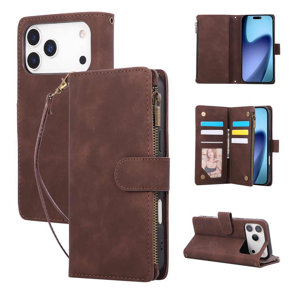 For iPhone 17 Pro Max Case Zipper Wallet Multiple Card Slots Leather Phone Cover with Wrist Strap - Coffee