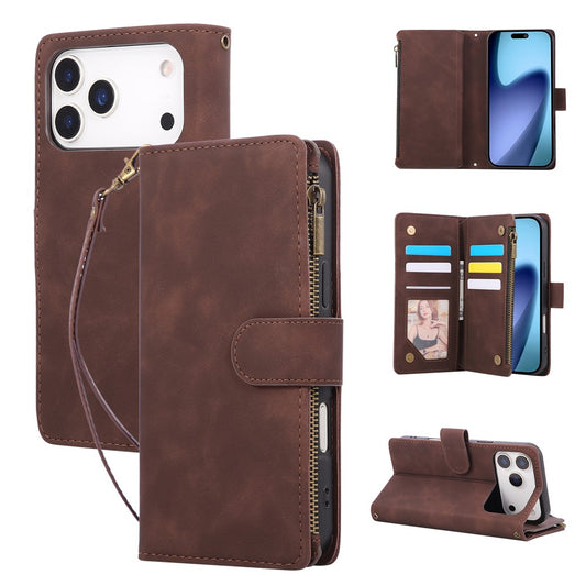 For iPhone 17 Pro Max Case Zipper Wallet Multiple Card Slots Leather Phone Cover with Wrist Strap - Coffee
