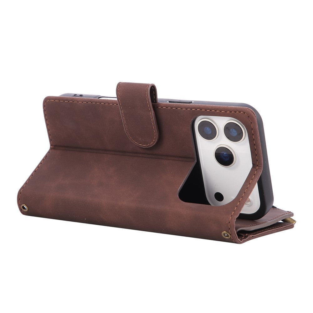 For iPhone 17 Pro Max Case Zipper Wallet Multiple Card Slots Leather Phone Cover with Wrist Strap - Coffee