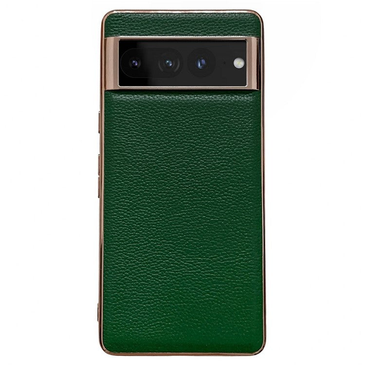 Litchi Texture Phone Shell for Google Pixel 7 Pro 5G, Nano Electroplating Back Cover Genuine Leather Coated TPU Phone Case - Green