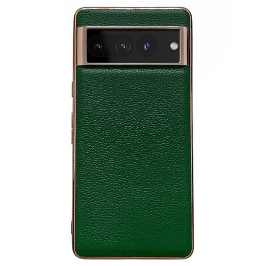 Litchi Texture Phone Shell for Google Pixel 7 Pro 5G, Nano Electroplating Back Cover Genuine Leather Coated TPU Phone Case - Green