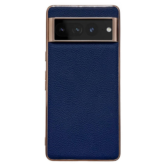 Litchi Texture Phone Shell for Google Pixel 7 Pro 5G, Nano Electroplating Back Cover Genuine Leather Coated TPU Phone Case - Sapphire