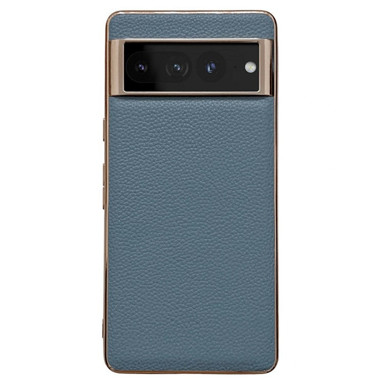 Litchi Texture Phone Shell for Google Pixel 7 Pro 5G, Nano Electroplating Back Cover Genuine Leather Coated TPU Phone Case - Blue