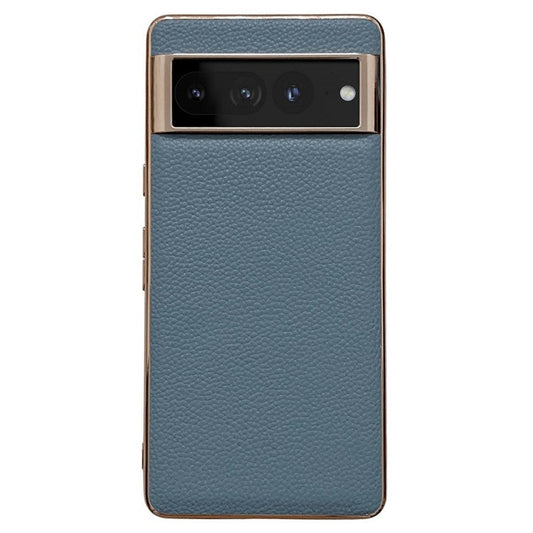 Litchi Texture Phone Shell for Google Pixel 7 Pro 5G, Nano Electroplating Back Cover Genuine Leather Coated TPU Phone Case - Blue