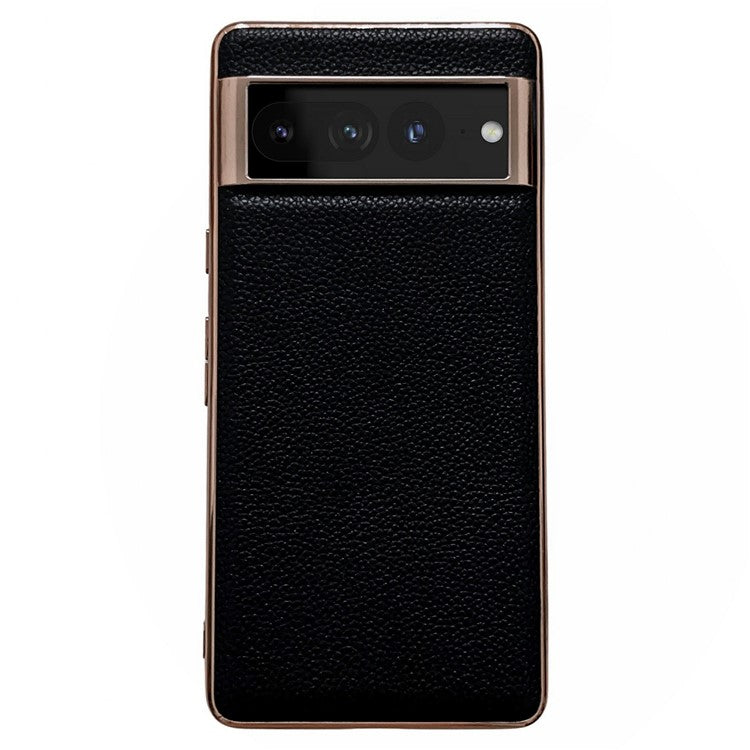 Litchi Texture Phone Shell for Google Pixel 7 Pro 5G, Nano Electroplating Back Cover Genuine Leather Coated TPU Phone Case - Black