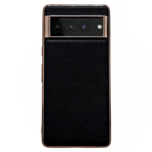 Litchi Texture Phone Shell for Google Pixel 7 Pro 5G, Nano Electroplating Back Cover Genuine Leather Coated TPU Phone Case - Black