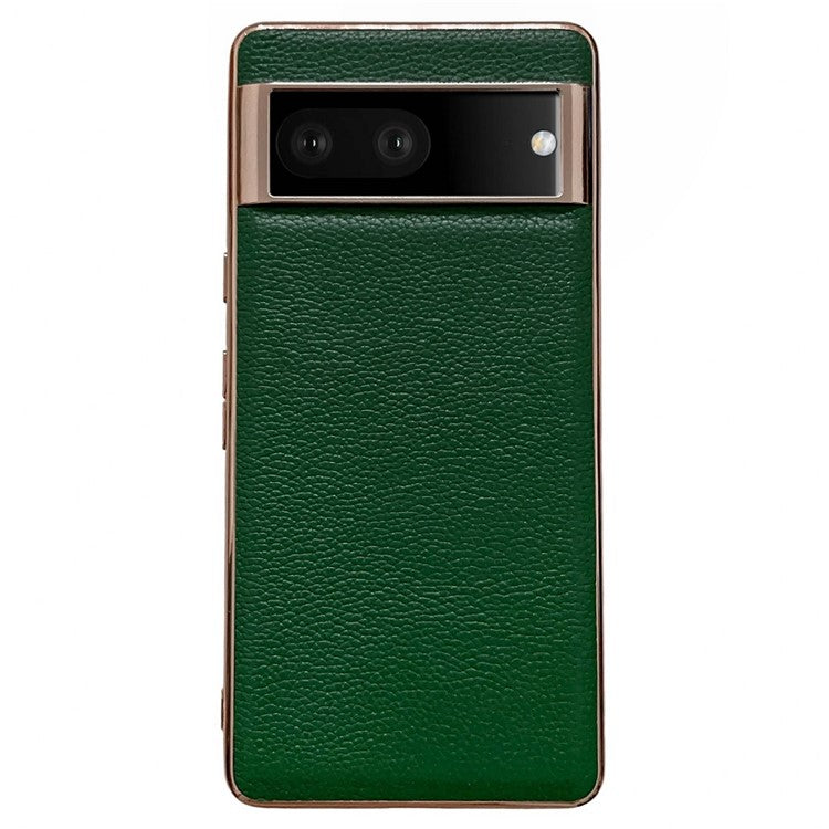 For Google Pixel 7 5G Nano Electroplating Back Cover Litchi Texture Genuine Leather Coated TPU Phone Case - Green