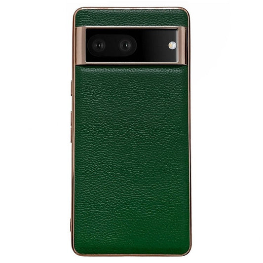 For Google Pixel 7 5G Nano Electroplating Back Cover Litchi Texture Genuine Leather Coated TPU Phone Case - Green