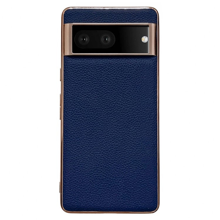 For Google Pixel 7 5G Nano Electroplating Back Cover Litchi Texture Genuine Leather Coated TPU Phone Case - Sapphire