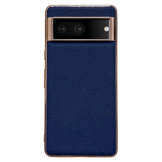 For Google Pixel 7 5G Nano Electroplating Back Cover Litchi Texture Genuine Leather Coated TPU Phone Case - Sapphire