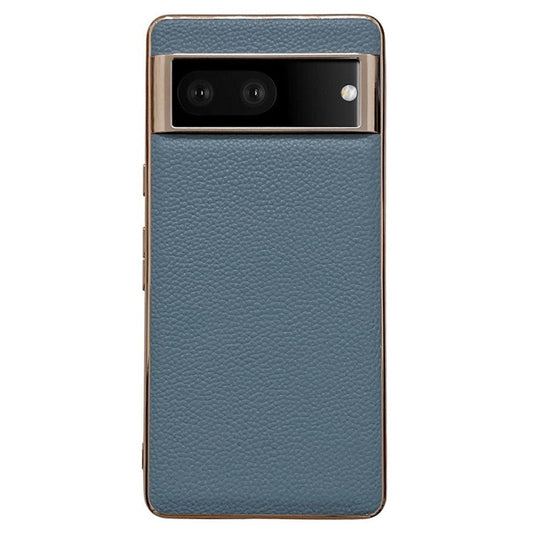 For Google Pixel 7 5G Nano Electroplating Back Cover Litchi Texture Genuine Leather Coated TPU Phone Case - Blue