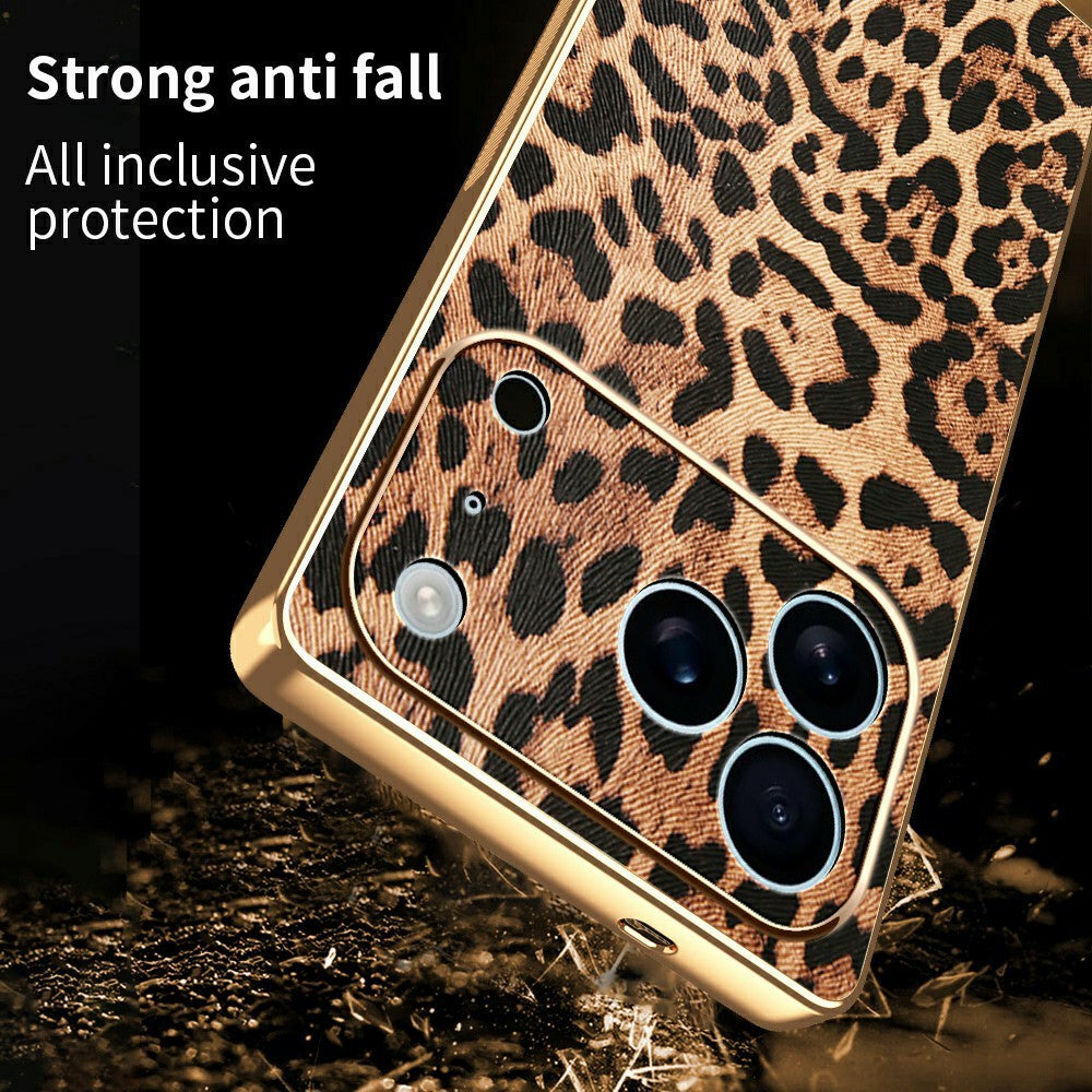 For iPhone 17 Pro Max Case Leopard Print PU Leather Coated PC + TPU Electroplating Phone Cover
