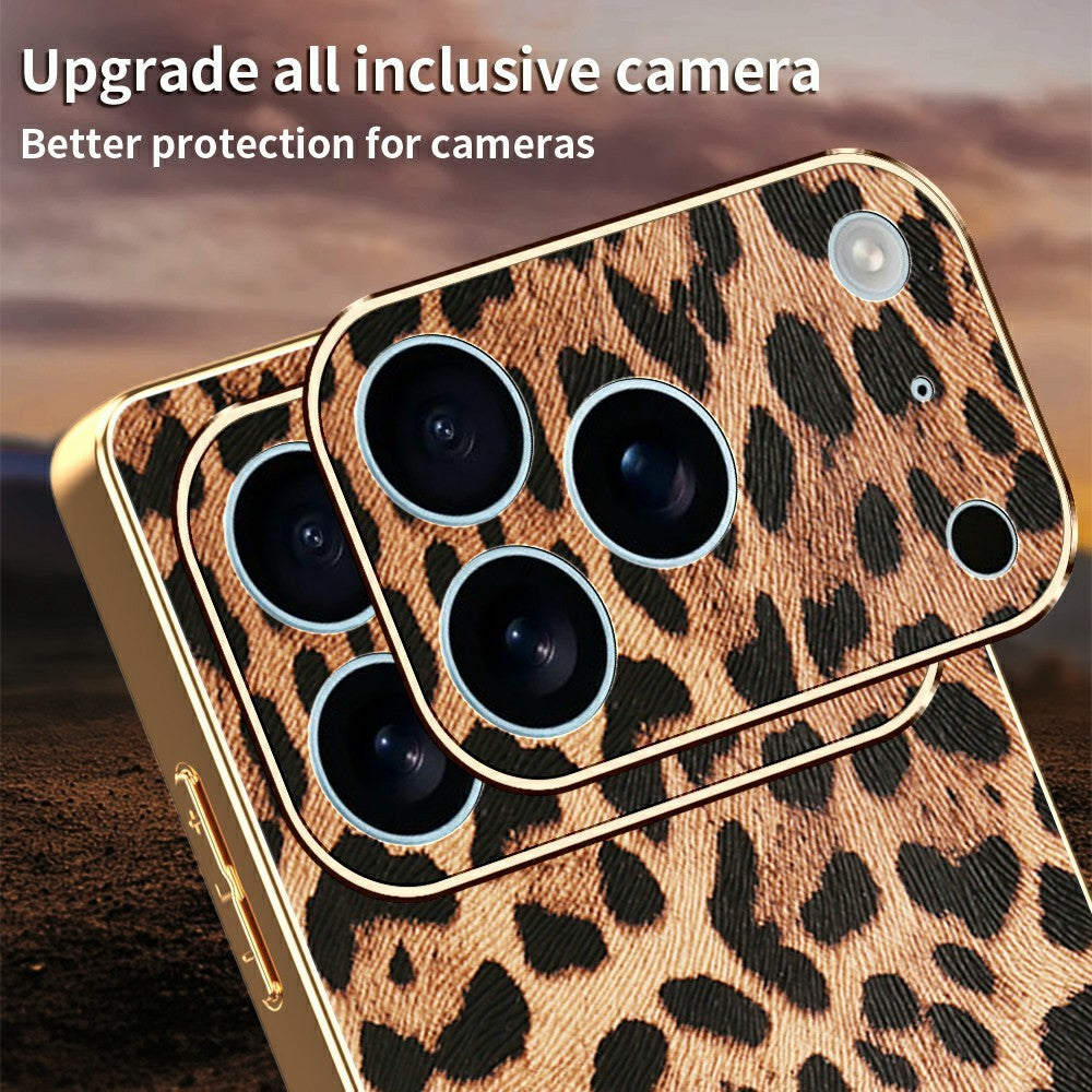 For iPhone 17 Pro Max Case Leopard Print PU Leather Coated PC + TPU Electroplating Phone Cover