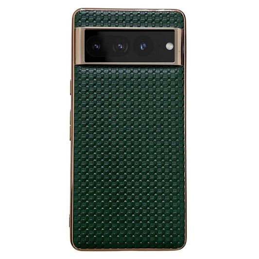 For Google Pixel 7 Pro 5G Anti-fall Textured Genuine Leather Coated TPU Phone Case Nano Electroplating Cell Phone Back Cover - Green