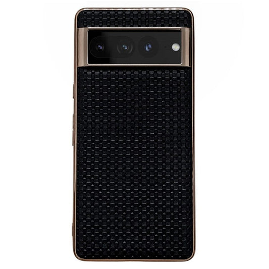 For Google Pixel 7 Pro 5G Anti-fall Textured Genuine Leather Coated TPU Phone Case Nano Electroplating Cell Phone Back Cover - Black