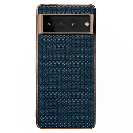 For Google Pixel 7 Pro 5G Anti-fall Textured Genuine Leather Coated TPU Phone Case Nano Electroplating Cell Phone Back Cover - Blue