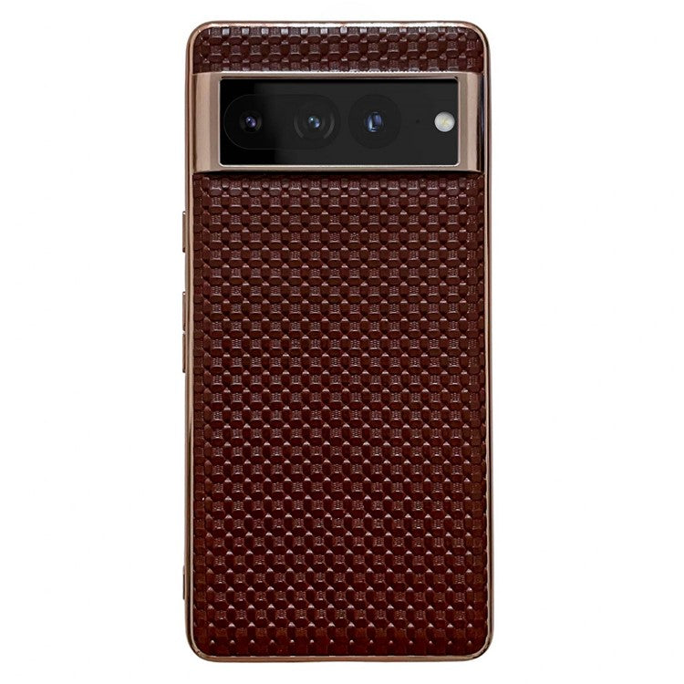 For Google Pixel 7 Pro 5G Anti-fall Textured Genuine Leather Coated TPU Phone Case Nano Electroplating Cell Phone Back Cover - Coffee