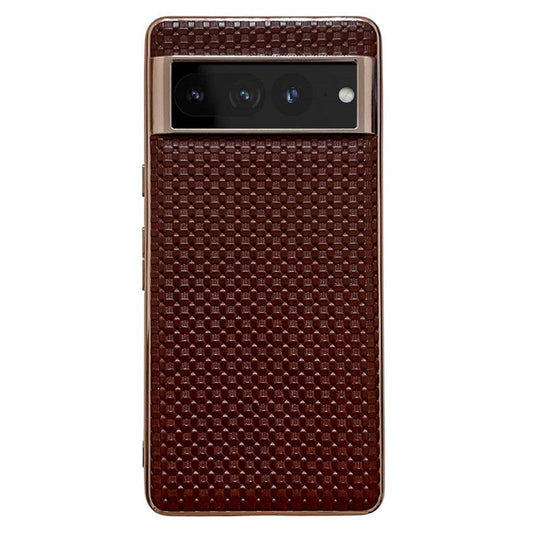 For Google Pixel 7 Pro 5G Anti-fall Textured Genuine Leather Coated TPU Phone Case Nano Electroplating Cell Phone Back Cover - Coffee