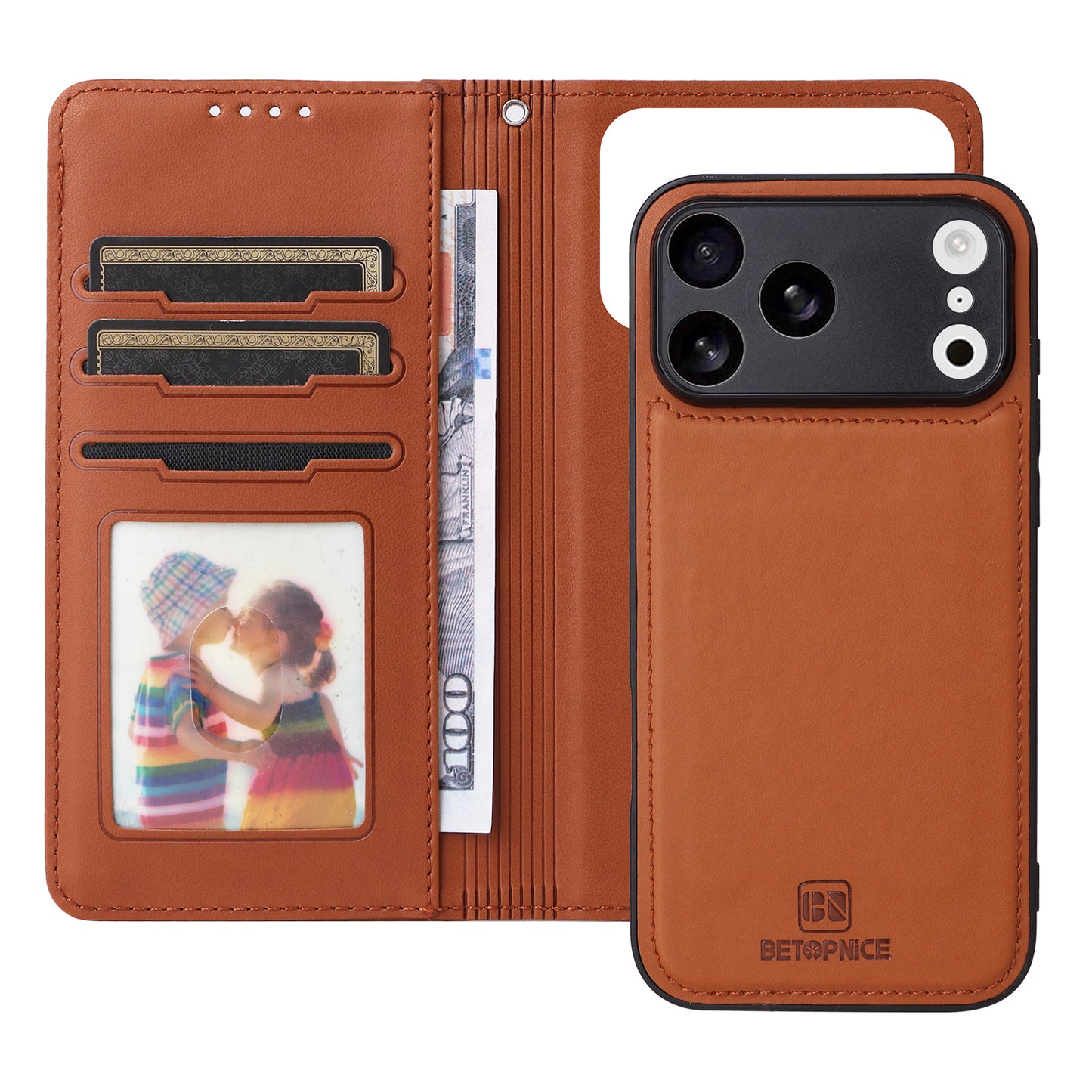 For iPhone 17 Pro Max Magnetic Case BETOPNICE Detachable PU Leather Phone Cover with Strap - Brown