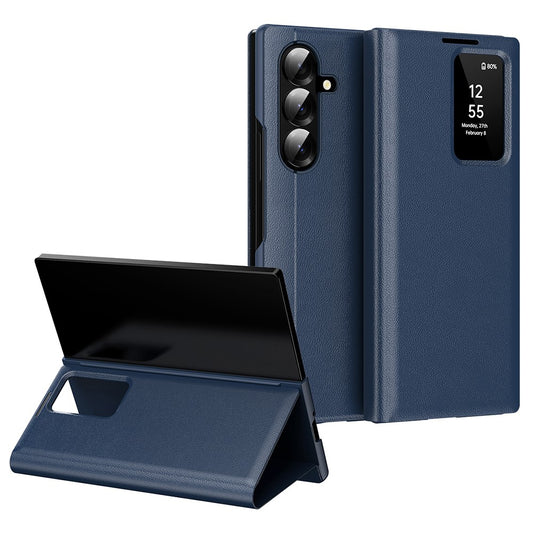 For Samsung Galaxy Z Fold7 5G Case with Card Holder Smart View Window Leather Phone Cover - Sapphire