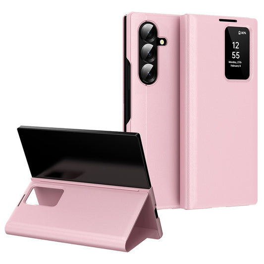 For Samsung Galaxy Z Fold7 5G Case with Card Holder Smart View Window Leather Phone Cover - Pink